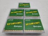 (5) Remington Subsonic 22 LR Hollow Point 100 Rounds - TOTAL 500 Rounds
