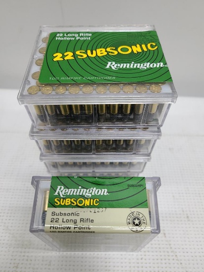Total 500 Rounds - (5) Remington 22 Subsonic Long Rifle Hollow Point 100 Rimfire Cartridges