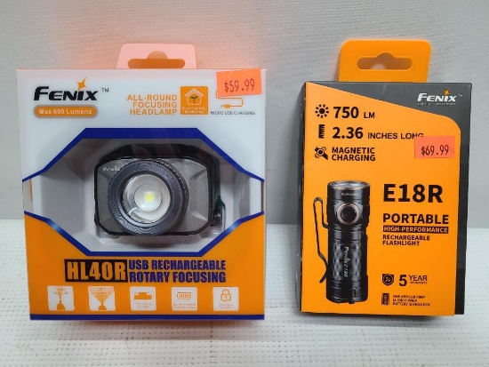 (2) Fenix Flashlights - HL40R Head Lamp 600 Lumens & E18R Portable 750 Lumens