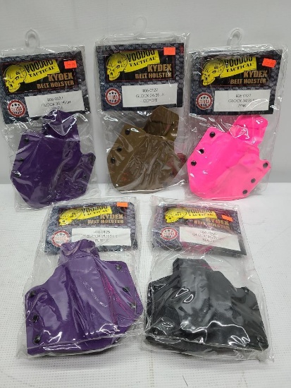 (5) Voodoo Tactical Kydex Belt Holsters - (3) Glock 34/35 - Purple, Coyote, Pink, (1) Glock 21/20 -