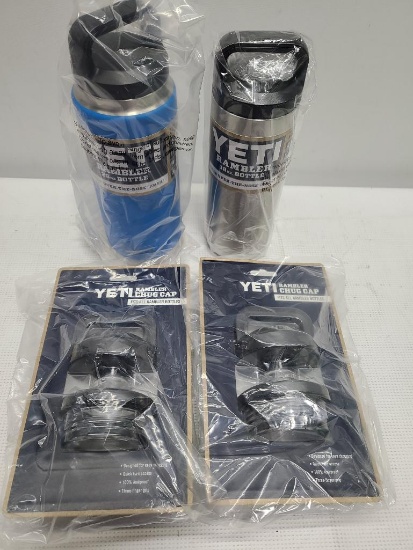 (2) YETI Rambler Bottles - 26 oz Tahoe Blue & 18 oz Silver w/ (2) Chug Caps