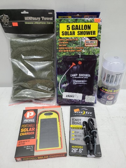 (5) Outdoor Gear - NEBO Bug Bulb Mosquito Zapping LED Bulb, Prevail Portable Solar Charger, Nite Ize