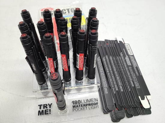 (16) NEBO 180 Lumens Inspector Pocket Flashlights Model IP67 w/ Advertising Sign, Display Case &