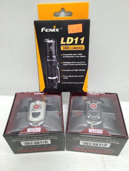 (3) Flashlights - Fenix LD11 300 Lumens & (2) NEBO Mycro 400 Lumens Necklaces - Black & Silver