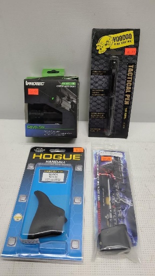 (4) Misc - iProtex Rail Mounted Green Laser Sight, Voodoo Tactical Pen & Hogue Handall & Base Pad