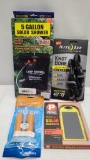 (4) Outdoor Gear - 5 Gal. Solar Shower, Nite Ize Bungee Cord, Water Basics Emergency Straw & Prevail