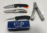 (4) Folding Knives - V & D Model VD-PS, Magnum Stainless, Gerber & SOG Power Assist 18-in-1 Tool