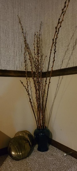 Decorative Vase w/ Faux Stems & (2) Handmade Iron Vases