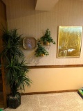 J. Hardelin Print w/ Brass Looking Wall Clock and Wall Pockets and Artificial Plant