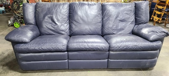 Blue Leather Reclining 3-Cushion Couch, VG Condition