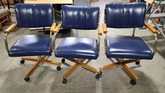 Lot of 3 Matching Leather and Wood and Brass Kitchen or Office Chairs