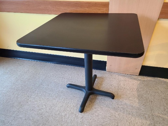 Restaurant Table, Single Metal Pedestal Base, 30in x 30in Black Laminate Top, Wood Grain Under Top