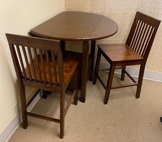 Wooden Drop Leaf Pub Table w/ 2 Matching Wooden Pub Stools, 36in Tall, 40in x 22in