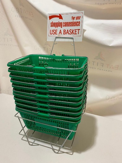 Plasticade Shopping Basket Set, 11 Baskets, 1 Wire Rack, Used