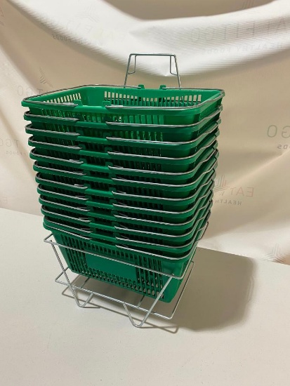 Plasticade Shopping Basket Set, 12 Baskets, 1 Wire Rack, Used