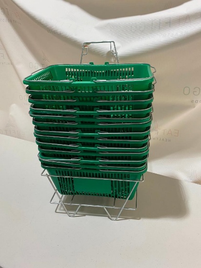 Plasticade Shopping Basket Set, 12 Baskets, 1 Wire Rack, Used