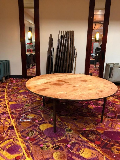 Ten Round Wood Folding Tables w/ Cart 72in Diameter, Location: Omaha Storage