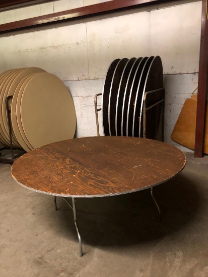 Ten Round Wood Folding Tables w/ Cart 72in Diameter, Location: Omaha Storage