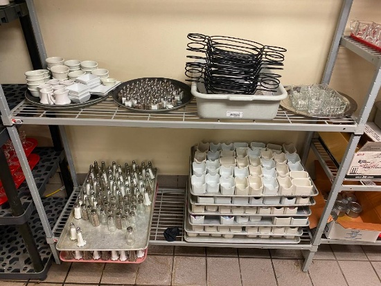 Large Assortment of Porcelain Condiment Holders, 2 Sizes of Salt/Pepper Shakers, Wrought Iron Racks,