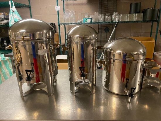 Lot of 2 Stainless Steel Coffee or Drink Dispensers on Stands w/ Extra Stand, Extra Dispenser