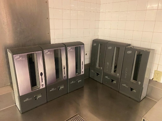 Six Utensil Dispensers by Dixie Smart Stock, Spoon, Fork, Knife, 1 Missing Top, Automatic Dispenser