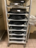 83 Serving Trays, (70) 22in x 27in Food Trays, (10) 16in, (3) 14in Cocktail Trays w/ Mobile Rack