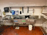 3-Compartment Stainless Steel Sink, NSF, 132in x 29in x 39in High, 11in Deep Sink, 4 Legs