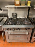 Garland 6 Burner Gas Range / Oven, Top Shelf, Works Good, Mobile Casters