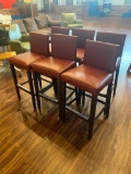 6 Bar Stools, Wood Frame, Maroon Vinyl Padded Seat/Backs
