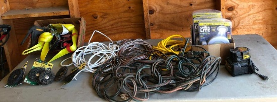 Large Group of Power Cords, Lights, Chargers, Wire Wheels, Harness / Slings, Stapler