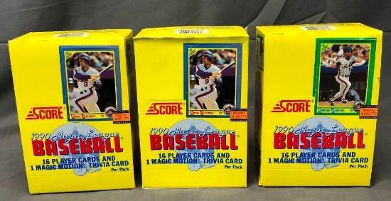 (3) SCORE 1990 Major League Baseball Wax Packs - (16) Player Cards & (1) Magic Motion Trivia Cards