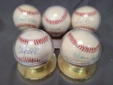 (5) Baseballs w/ Autographs by Hall of Famer Warren Spahn, Hall of Famer Jim Catfish Hunter, Hall of