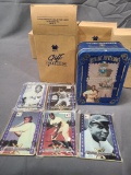 Lot of 7; Avon Gift Collections - (3) Commemorative Baseballs w/ Stand & (4) Collector Cards in Tin