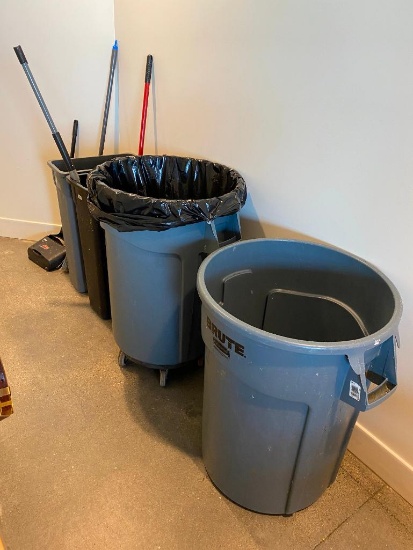Janitorial Lot - 2 Brute Trash Cans, 1 Dolly, 4 Slim Jim Trash Cans, Broom, Dustpan