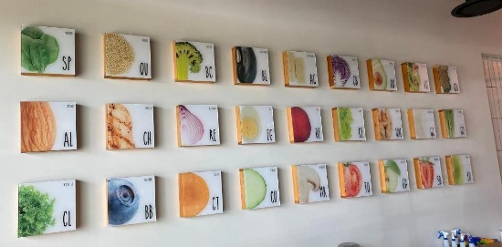 Lot of 27 Contemporary Wall Art 12in x 12in Wood Box Lucite Front Food Displays, Fruit, Veggie,