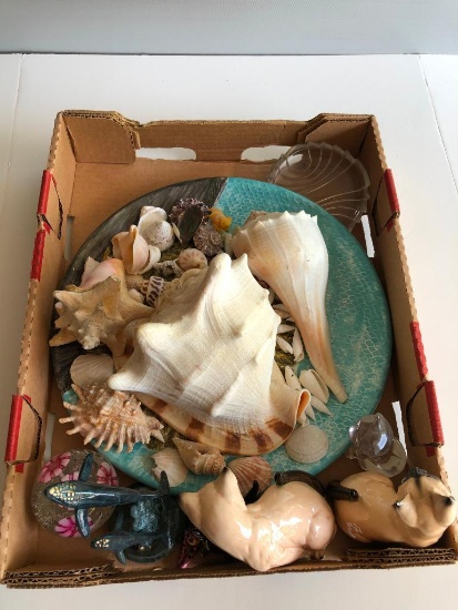 Sea Shells, Cat Figurines,Dolphins, and Glass PaperWeight