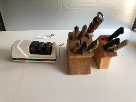 (2) Wood Knife Blocks w/ Knives; Maxaam & Chefs Choice Electric Sharpener