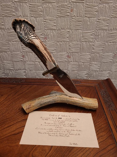 Ted Miller Hand Carved & Designed, Signed & Numbered Knife No. 300 w/ COA & Hand Crafted Stag Stand