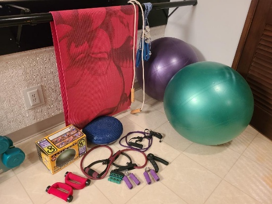 (2) Stretch Bands and Yoga Mat, Gym Balls, Jump Ropes and More