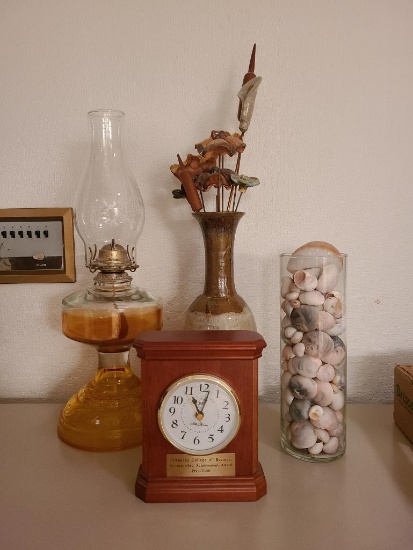 Kerosene Lamp, Desk Clock and Display Items