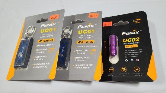 Lot of 3; FENIX Pocket Lights; (2) UC01 Mini Lights & UC02 Key Chain Light