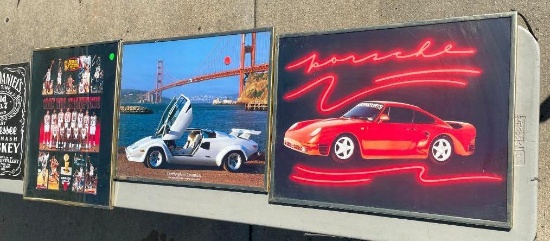 Vintage Framed Car Posters and NBA Bulls Jordan World Championship Posters