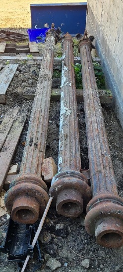 Lot of 3 Early Cast Iron Columns, One Side Flush for Installing on Building, 12ft 6in Tall Approx.