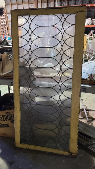 Antique Leaded Glass Window, Ornate Design, 60in x 30in, Curved Panels, Complete