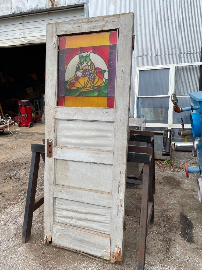 Antique Panel Door w/ Stained Glass Window, Damage to Bottom of the Door
