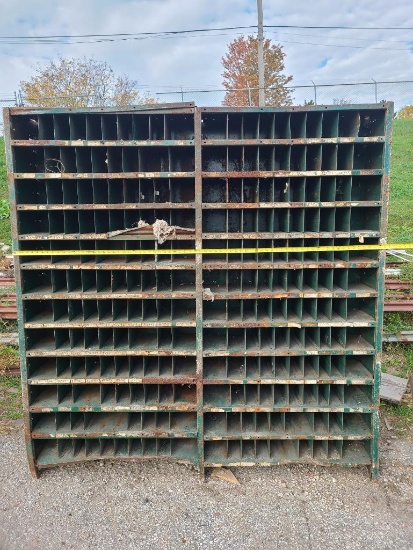 Industrial Pigeon Hole Cabinet, Metal, Old Green Paint 76in H, 72in W 24in D