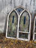 4-Panel Arched Tombstone Shape Stained Glass Church Windows - Large Approx. 84in Tall, 48in Wide