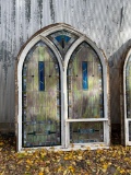 4-Panel Arched Tombstone Shape Stained Glass Church Windows - Large Approx. 84in Tall, 48in Wide