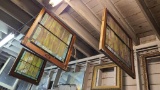 Set of 3 Antique Stained Leaded Glass Windows w/ Oak Frame & Old Hardware, 32in x 30in