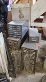 Four Metal Cabinets w/ Narrow Drawers, Plus Two File Metal Boxes